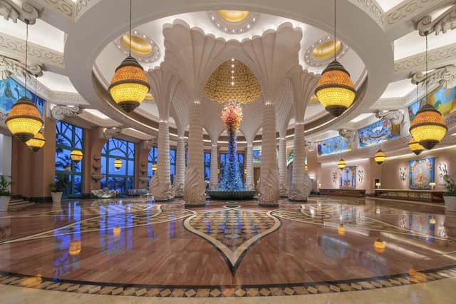 The lobby interior of Atlantis The Palm, the hotel with an on-site aquarium.