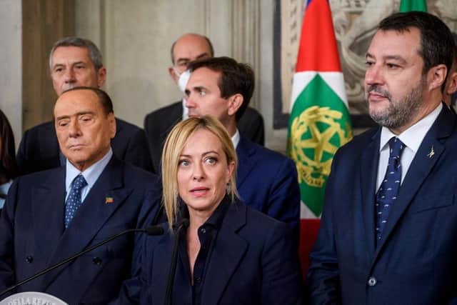 Silvio Berlusconi, Giorgia Meloni, Matteo Salvini and other members of the right-wing coalition speak to the media aftermeeting with Italian President Sergio Mattarella