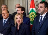 Silvio Berlusconi, Giorgia Meloni, Matteo Salvini and other members of the right-wing coalition speak to the media aftermeeting with Italian President Sergio Mattarella