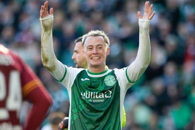 Hibs forward Harry McKirdy gestures during the 1-0 win over Motherwell at Easter Road. (Photo by Ewan Bootman / SNS Group)