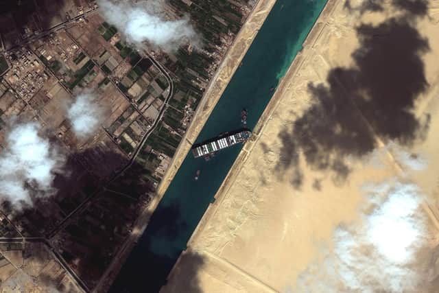 A satellite image showing the Ever Given blocking the Suez Canal today. Picture: Maxar Technologies/AP