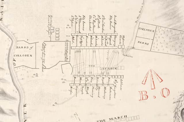 Jasper Leigh Jones 1746 map of the battle of Culloden, which shows Culloden Parks visible on the centre right. It is now known that the Parks, where Jacobite soldiers deployed their left flank, had a more westerly position.