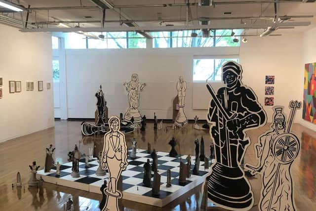 Euan Rutter (Fine Art) has created a giant chess-like game, "Pandemia", in which the pieces are represented by models of real-life statues, buildings and characters from contemporary life.