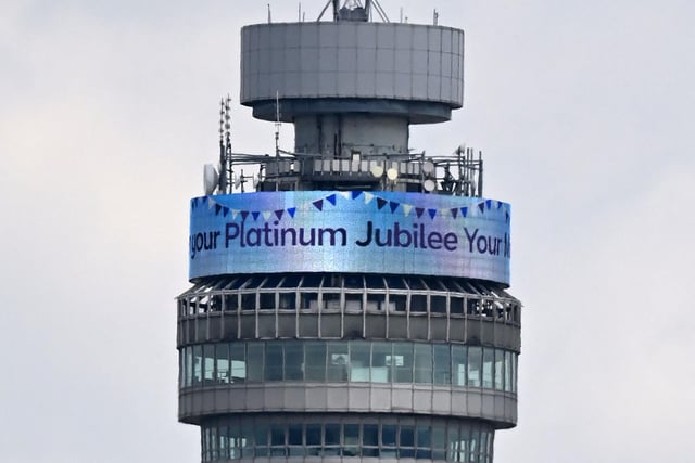 A message is pictured on the display atop the BT tower.