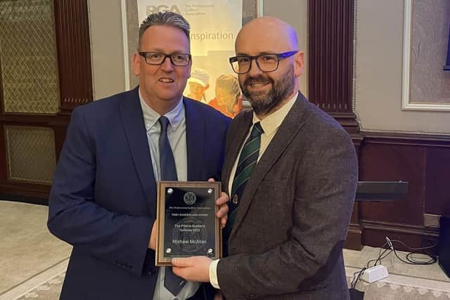 Nairn Golf Club's Michael McAllan, right, is presented with a plaque to mark being the PGA in Scotland Nominee for the 2023 Toby Sunderland Award by PGA in Scotland Chairman Jason Boyd. Picture: PGA in Scotland