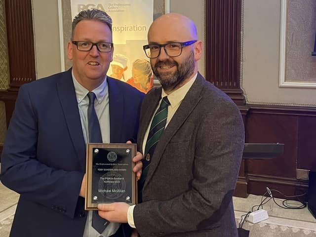 Nairn Golf Club's Michael McAllan, right, is presented with a plaque to mark being the PGA in Scotland Nominee for the 2023 Toby Sunderland Award by PGA in Scotland Chairman Jason Boyd. Picture: PGA in Scotland