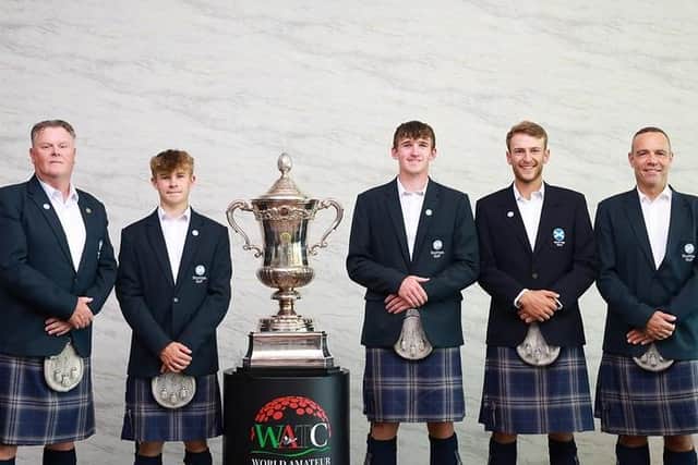 Scotland's Eisenhower Trophy trio Connor Graham, Calum Scott and Gregor Tait flanked by team manager John Rishbury (far left) and national coach Spencer Henderson (far right). Picture: USGA/Steven Gibbons.