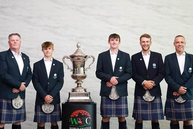 Scotland's Eisenhower Trophy trio Connor Graham, Calum Scott and Gregor Tait flanked by team manager John Rishbury (far left) and national coach Spencer Henderson (far right). Picture: USGA/Steven Gibbons.