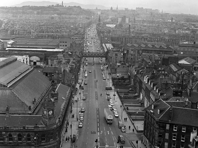 Aerial of Leith Walk in Edinburgh, showing the old railway bridge (no longer there) and the foot of Leith Walk looking north to Princes Street in October 1977.