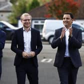 Labour Party leader Keir Starmer joined Scottish Labour leader Anas Sarwar (right) and MP-elect Michael Shanks (centre) to celebrate Shanks' victory in the Rutherglen and Hamilton West by-election. Picture: Jeff J Mitchell/Getty Images
