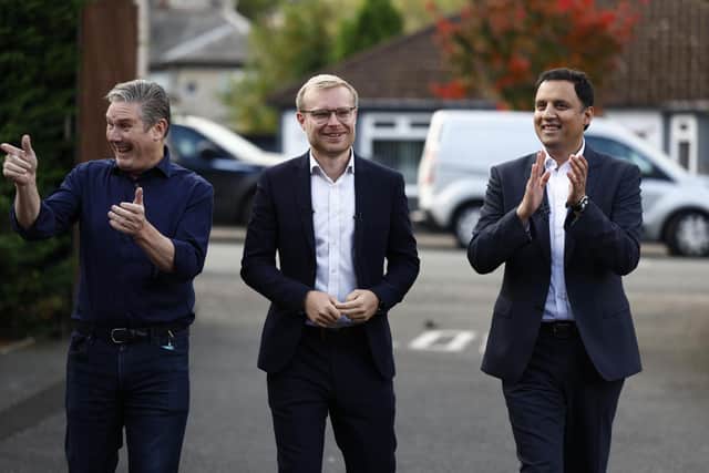 Labour Party leader Keir Starmer joined Scottish Labour leader Anas Sarwar (right) and MP-elect Michael Shanks (centre) to celebrate Shanks' victory in the Rutherglen and Hamilton West by-election. Picture: Jeff J Mitchell/Getty Images