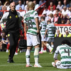 Celtic midfielder Reo Hatate was injured midway through the second half.