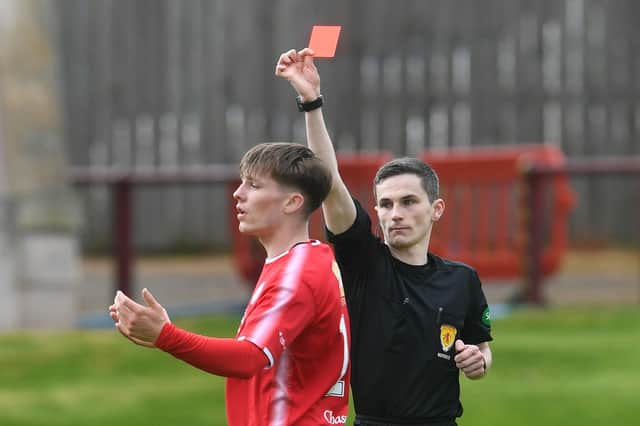 Brechin's Chris McKee is sent off during a Scottish League Two play-off final second leg against Kelty Hearts at Glebe Park (Photo by Craig Foy / SNS Group)