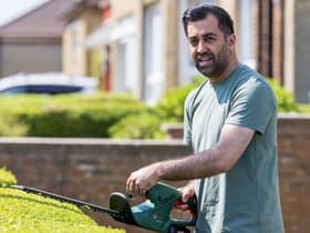 First Minister of Scotland Humza Yousaf tries his hand at hedge trimming during campaigning in Pollok (Pic: Robert Perry/PA Wire)