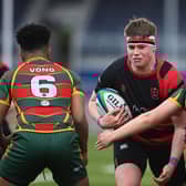 North Berwick's Perry Angel is tackled during the Scottish Rugby's Schools Cup Finals day at the DAM Health Stadium. (Photo by Paul Devlin / SNS Group)