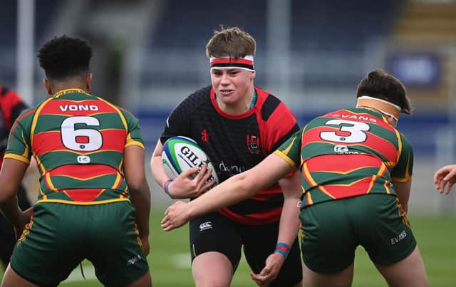 North Berwick's Perry Angel is tackled during the Scottish Rugby's Schools Cup Finals day at the DAM Health Stadium. (Photo by Paul Devlin / SNS Group)