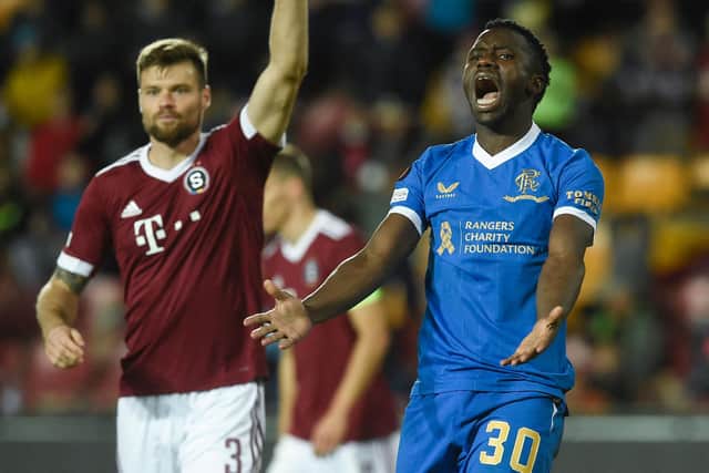 The performance of striker Fashion Sakala (right) in the Europa League defeat against Sparta Prague earned praise from Rangers manager Steven Gerrard. (Photo by MICHAL CIZEK/AFP via Getty Images)