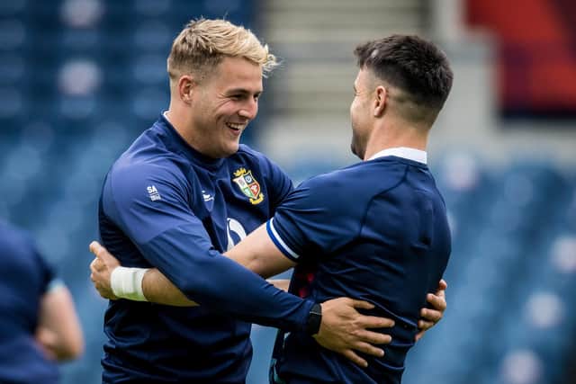 Duhan van der Merwe and Connor Murray pal up during the Lions captain's run at BT Murrayfield. Picture: Ross Parker/SNS