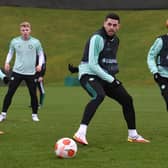 Celtic's Tom Rogic and Kyogo Furuhashi during a training session ahead of tonight's match.