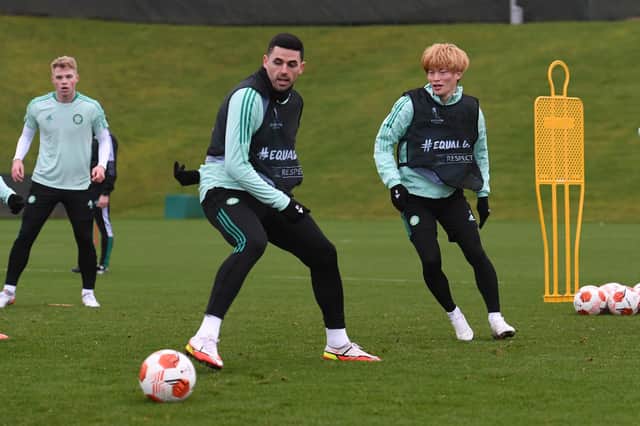 Celtic's Tom Rogic and Kyogo Furuhashi during a training session ahead of tonight's match.