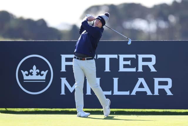 Robert Macintyre of Scotland plays a shot during a practice round ahead of The Alfred Dunhill Links Championship at Carnoustie Links on September 29, 2021 in Carnoustie, Scotland. (Photo by Richard Heathcote/Getty Images)