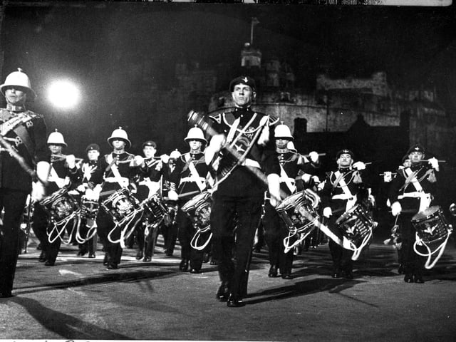 The Marine & Parachute Regiment Band on the Castle Esplanade performing at the 1962 Military Tattoo.