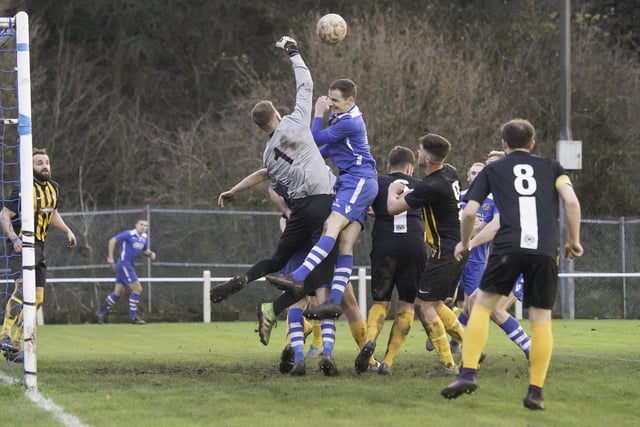 Action from the FA Vase Round 3 match between Pontefract Collieries and Worksop Town