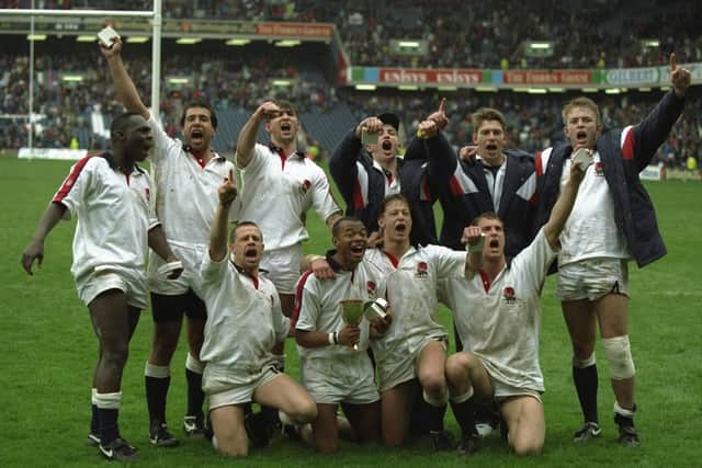 The victorious England team celebrate after winning the World Cup Sevens in 1993 at Murrayfield. Michael Dods sat on the bench as an emergency sub for England but didn't join in the celebrations. Picture: Mike Hewitt/Allsport/Getty Images