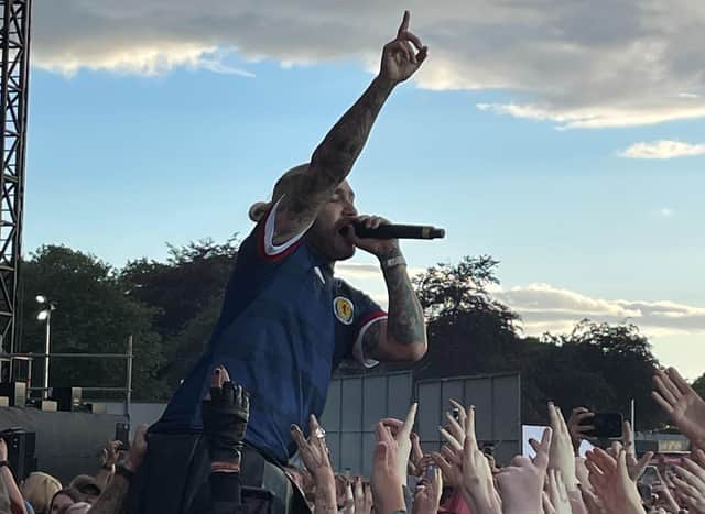 Fall Out Boy's Pete Wentz waded into the crowd wearing a kilt and Scotland football top during Wednesday's concert.