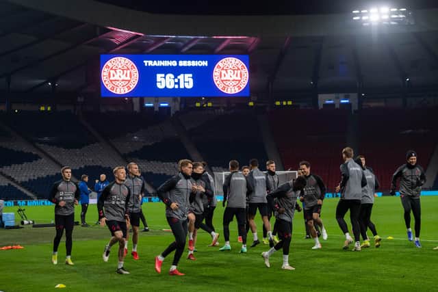 The Denmark squad train at Hampden ahead of tonight's final group fixture. (Photo by Craig Foy / SNS Group)