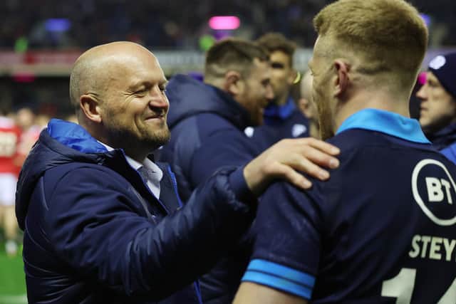 Scotland head coach Gregor Townsend congratulates double try scorer Kyle Steyn after the Six Nations win over Wales.