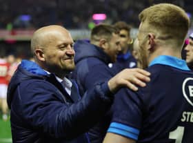 Scotland head coach Gregor Townsend congratulates double try scorer Kyle Steyn after the Six Nations win over Wales.
