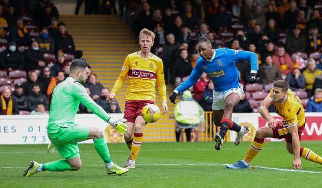 Motherwell goalkeeper Liam Kelly makes a save to deny Rangers' Joe Aribo during Sunday's Premiership match at Fir Park. (Photo by Craig Williamson / SNS Group)