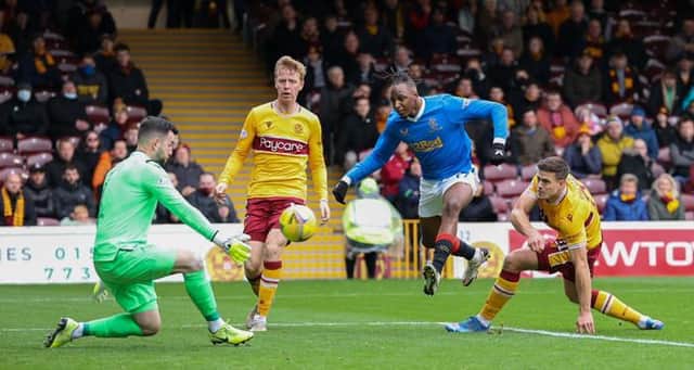 Motherwell goalkeeper Liam Kelly makes a save to deny Rangers' Joe Aribo during Sunday's Premiership match at Fir Park. (Photo by Craig Williamson / SNS Group)