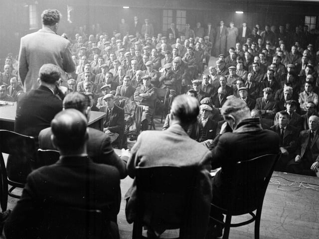 Fairfield-Rowan strikers addressed by Mr A Jamieson at South Govan Town Hall in November 1963.