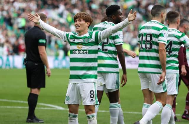 Japanese international Kyogo Furuhashi celebrates his goal in Celtic's Premier Sports Cup win over Hearts. (Photo by Craig Williamson / SNS Group)