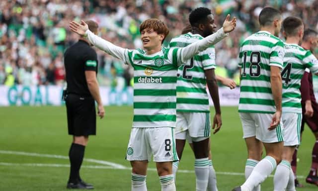 Japanese international Kyogo Furuhashi celebrates his goal in Celtic's Premier Sports Cup win over Hearts. (Photo by Craig Williamson / SNS Group)