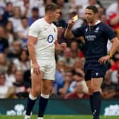 England's Owen Farrell is shown a yellow card by referee Nika Amashukeli during the Summer Nations Series match against Wales at Twickenham. It was later upgrdaed to red and then rescinded at a disciplinary hearing.  (Picture: Joe Giddens/PA Wire)