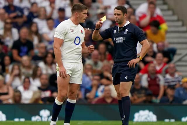 England's Owen Farrell is shown a yellow card by referee Nika Amashukeli during the Summer Nations Series match against Wales at Twickenham. It was later upgrdaed to red and then rescinded at a disciplinary hearing. (Picture: Joe Giddens/PA Wire)