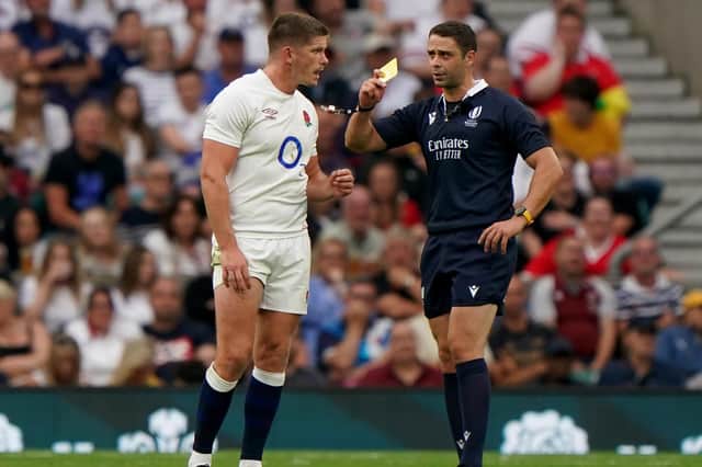 England's Owen Farrell is shown a yellow card by referee Nika Amashukeli during the Summer Nations Series match against Wales at Twickenham. It was later upgrdaed to red and then rescinded at a disciplinary hearing.  (Picture: Joe Giddens/PA Wire)