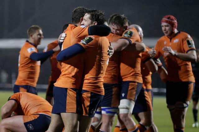 Henry Pyrgos of Edinburgh Rugby, right, and Ramiro Moyano of Edinburgh Rugby celebrate on the final whistle during the Heineken Challenge Cup match between Saracens and Edinburgh Rugby.