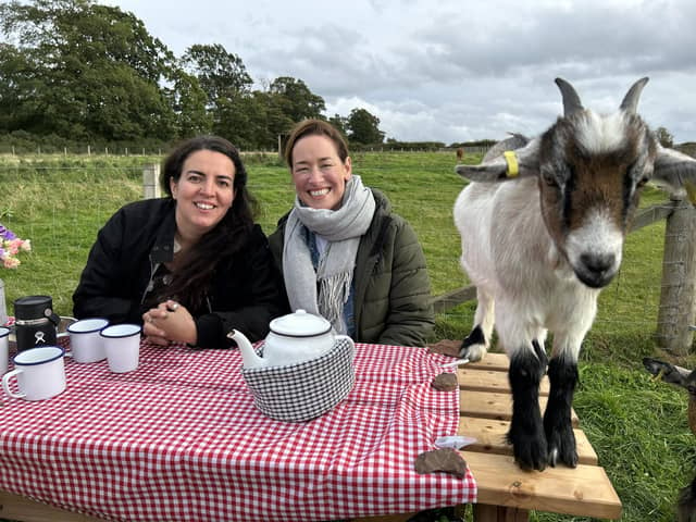 Scotland's Greatest Escape, Budget Friendly, ep 3, Zakia Moulaoui Guery and Fiona Campbell having picnic with a pygmy goat at The Bus Stop, East Lothian. A unique self-catering experience, The Bus Stop has a range of vintage buses all transformed into cosy, comfortable lodges with modern amenities whilst retaining their nostalgic appeal. Pic: Red Sky Productions/BBC scotland
