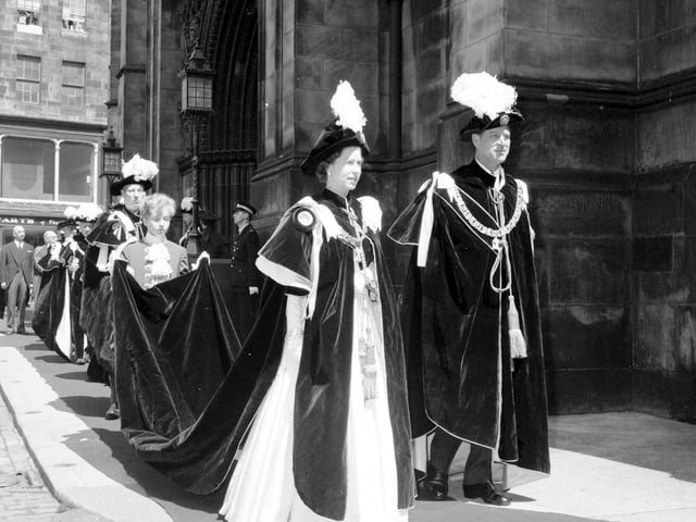 Queen Elizabeth II and Prince Philip at the knights of the Thistle installation ceremony at St Giles Cathedral, Edinburgh, in 1966.