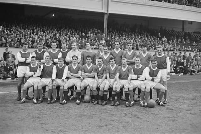 The players of Arsenal and Rangers pose together before the testimonial match at Highbury in 1963 for legendary Welsh goalkeeper Jack Kelsey. (Photo by Edward Wing/Daily Express/Getty Images)