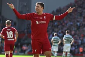 Steven Gerrard celebrated with glee in front of Celtic fans. (Photo by LFC Foundation/Liverpool FC via Getty Images)