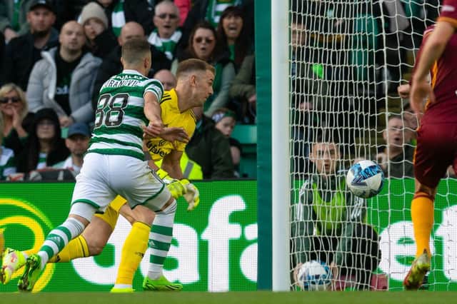 Celtic's Joe Hart and Josip Juranovic are involved in an own goal to make it 1-1 during a cinch Premiership match between Celtic and Motherwell at Celtic Park, on October 01, 2022, in Glasgow, Scotland. (Photo by Craig Foy / SNS Group)