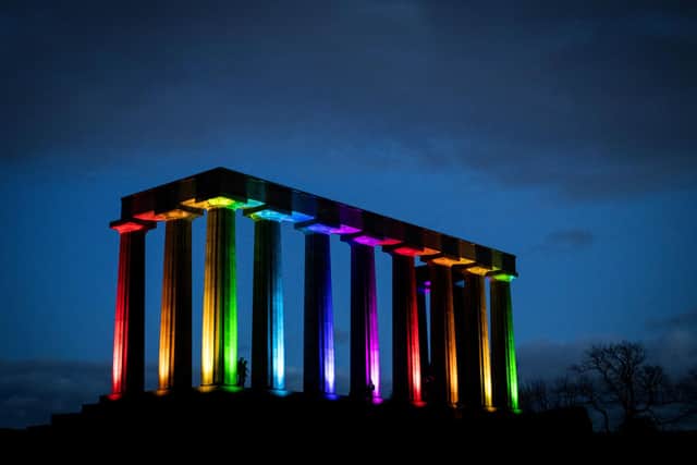 The National Monument on Calton Hill has been lit up by the Global Rainbow art installation by Yvette Mattern. Picture: Jane Barlow/PA Wire