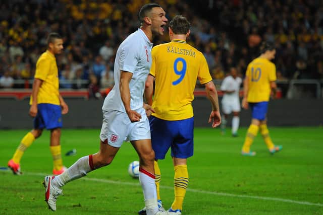Steven Caulker celebrates scoring on his debut for England in a 4-2 friendly defeat against Sweden in November 2012. It remained his sole cap. (Photo by Michael Regan/Getty Images)