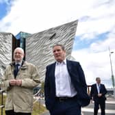 Labour party leader Sir Keir Starmer (right) walks with Desmond Rea, former chairman of the NI Policing Board, outside the Titanic visitor building. Picture: Charles McQuillan/Getty Images