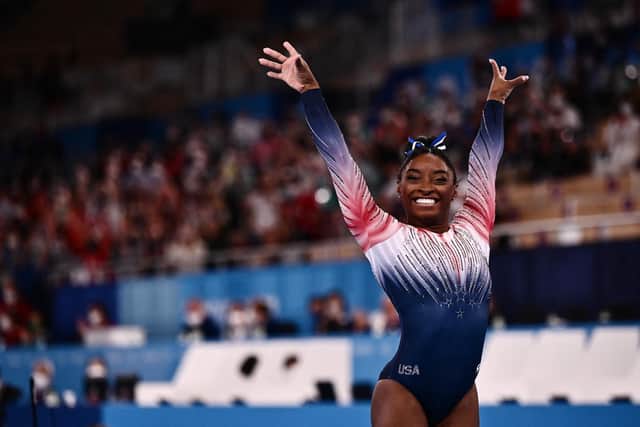 Simone Biles won bronze in the balance beam final after returning to competitive action. Picture: Jeff Pachoud/AFP/Getty